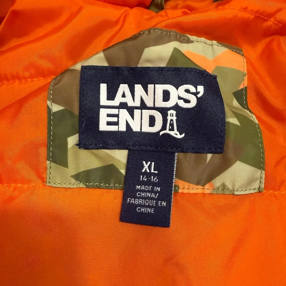 Lands' End kids insulated snow jacket and and snow bibs green orange geo XL14/16